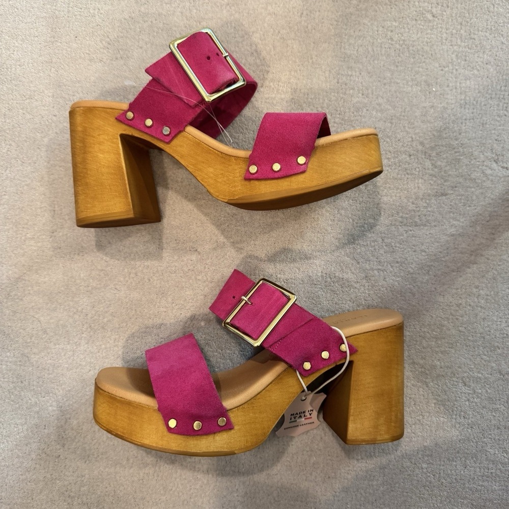 Ilaria Sartori Made In Italy Fuchsia Pink Suede Studded Wood Block Heel Size 8